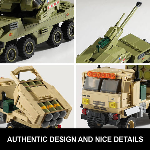 Detailed close-ups of Military Vehicle Building Kit Dual M142 HIMARS And Dana M2 Howitzer Army Truck Models with poseable parts.
