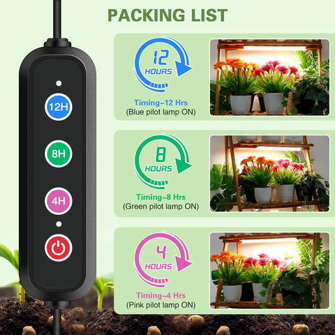 Ultra Thin 40W Full Spectrum Grow Light Panel With 768 LEDs For Indoor Plants Daisy Chain Ready Four Pack Seed Starting Auto On Off Timer With Four Eight Twelve Sixteen Twenty Hour Options displaying timing modes.