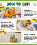 Instructions on how to use Hootie the Construction Truck Bubble Lawn Mower For Kids Ages 3 To 6 with charging, adding solution, and handle installation.