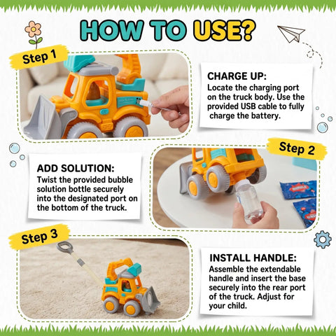 Instructions on how to use Hootie the Construction Truck Bubble Lawn Mower For Kids Ages 3 To 6 with charging, adding solution, and handle installation.