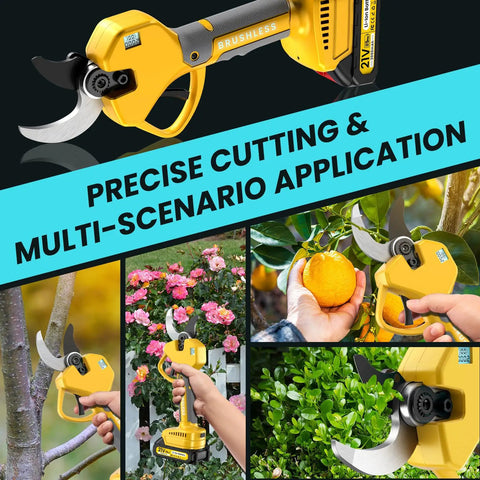 Cordless Brushless Electric Pruning Shears With 2.6 Inch Opening And Dual 2Ah Battery Pack used in various garden scenarios.