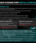Installation guide for power steering pump with tips for Honda and Toyota pump maintenance by Farrme Auto Parts.