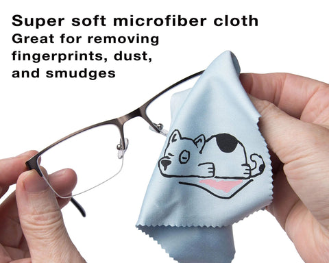 TreVee microfiber cleaning cloth for glasses; light-blue cloth with a cute dog design used to wipe lenses