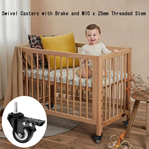 Heavy Duty Swivel Casters 2 5 Inch Set Of 4 With M10x25mm Threaded Stem And Dual Lock Brakes on a wooden crib, showcasing smooth rolling wheels.