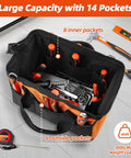 Heavy Duty Tool Tote Bag 14 Inch With Thick Outer Pocket Waterproof Organizer And Adjustable Shoulder Strap For Easy Transport Black And Orange For Pros And DIYers On The Job Site, showing top view with tools inside and 14 pockets.