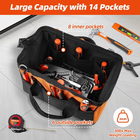 Heavy Duty Tool Tote Bag 14 Inch With Thick Outer Pocket Waterproof Organizer And Adjustable Shoulder Strap For Easy Transport Black And Orange For Pros And DIYers On The Job Site, showing top view with tools inside and 14 pockets.