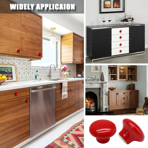 Totally Rad Red Ceramic Cabinet Knobs, 32mm Standard Round Pull Handles for Kitchen Cupboards and Drawers, with various applications.