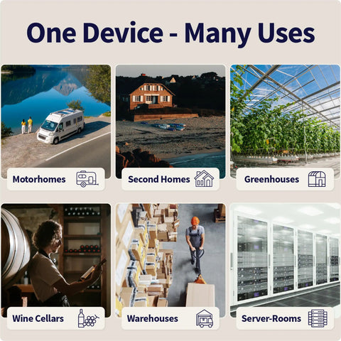 Cellular Temperature Humidity And Power Monitor For Homes And Remote Sites With 24 Seven Monitoring And Instant Alerts Made In USA Verizon Compatible For RVs Pet Safety Monitoring Second Homes And Greenhouses. One device for motorhomes, second homes, greenhouses.