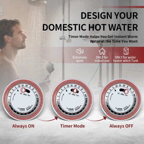 Design Your Domestic Hot Water graphic showing timer settings for Instant Hot Water Recirculating Pump Kit For Tank Heaters.