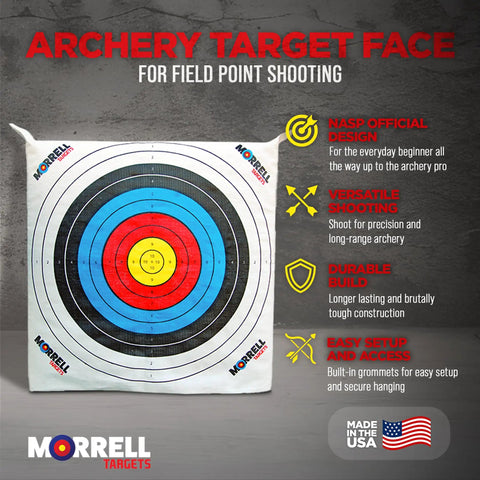 Archery Target Face for Field Point Practice 34x34 inches with colorful rings, durable for beginners to pros, shown indoors