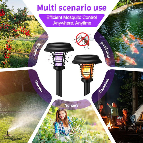 Four Pack Solar Bug Zapper Outdoor Waterproof Mosquito Killer Lights For Moths Gnats and Flies shown in various outdoor scenarios.