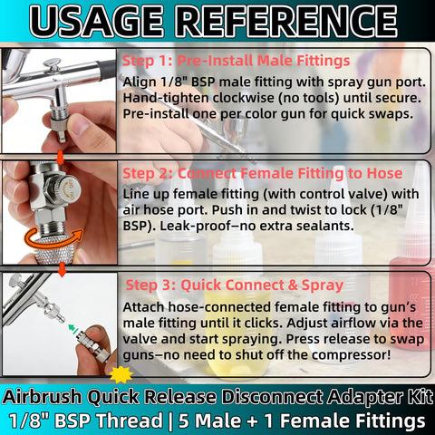 Quick Release Connect Kit With Adjustable Valve And Spring Lock For Easy Tool Swaps Between Air Compressors And Spray Guns Use