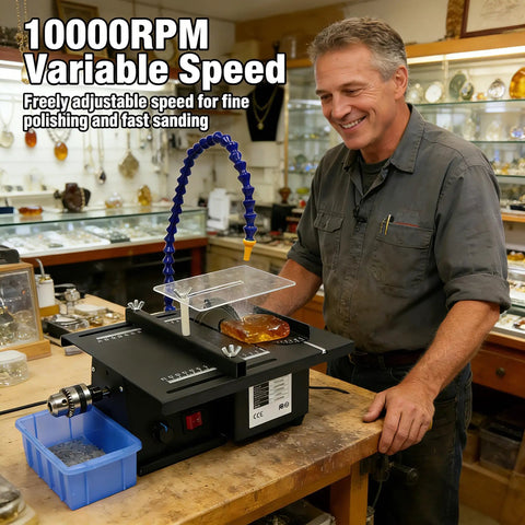 1850W Beast Power Lapidary Saw With 110V, 0 To 10000RPM Variable Speed, Mini Table Saw For Jade Wood Aluminum Alloy Acrylic, Water Cooling System Included For Smooth Cutting, Polishing, And Grinding on a jeweler's workbench