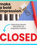 Heavy Duty Self Inking Rubber Office Stamp Printing Crisp Closed Messages In Bold Red Ink With A Quick Swap Replaceable Pad on desk