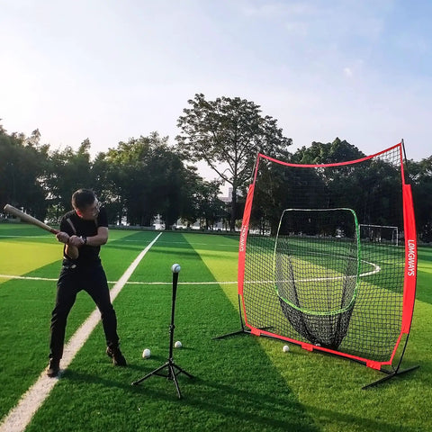 Man using 7x7 Baseball Practice Net With Sturdy Steel Frame For Batting Hitting And Pitching Portable Softball Net outdoors
