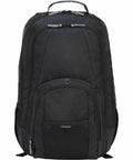 Hustle Hard Laptop Backpack For Up To 17 Inch Machines, Water Repellent Travel Daypack With Padded Tech Vault And Flexible Organization, Slick Black Commuter Bag front view with zipper and handle