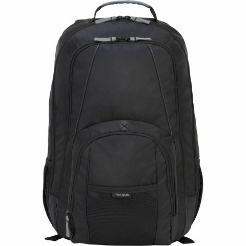 Hustle Hard Laptop Backpack For Up To 17 Inch Machines, Water Repellent Travel Daypack With Padded Tech Vault And Flexible Organization, Slick Black Commuter Bag front view with zipper and handle