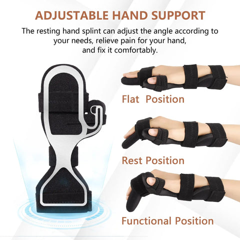 Adjustable hand splint showing flat, rest, and functional positions for resting hand brace for all night use soft grip hand splint supports fingers and wrist immobilizer for carpal tunnel pain arthritis tendonitis muscle atrophy metacarpal breaks and finger contractures.