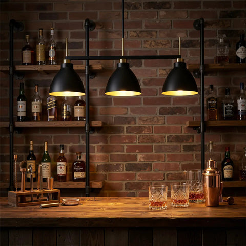 Black And Gold 3 Light Linear Kitchen Island Pendant With Adjustable Rods above bar, industrial farmhouse lighting fixture