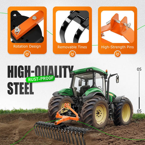3 Point Rock Rake For Category 0 Tractors With 360 Degree Rotation Replaceable Spring Tines And Pin Hitch Tow Behind Dethatcher
