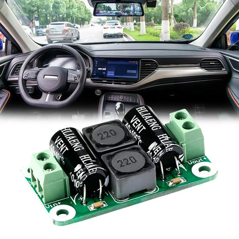 Clean Power Supply Filter Board Zero To Fifty Volt Three Amp Hiss Killer For Car Audio And Industrial Gear with capacitors in an interior setting.
