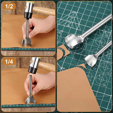 Leather Corner Punch Set In 5 Sizes 10mm 15mm 20mm 30mm 40mm Half Round Arc Shaped Edge Cutter For Belts Purses Bags Wallets And DIY Projects Handy Pro Grade Hand Tool For Clean Precise Punches shown in use and close-up view
