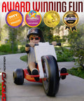 Child riding Romper Electric Tricycle For Kids 3 Plus Years, 24V Ride On Toy; awards displayed in background.