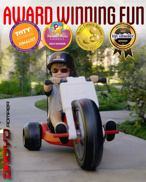 Child riding Romper Electric Tricycle For Kids 3 Plus Years, 24V Ride On Toy; awards displayed in background.