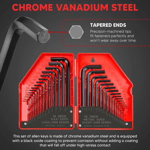 Industrial Grade 30 Piece Hex Key Allen Wrench Set For Auto Bike Furniture And Machinery Repairs in red folding case