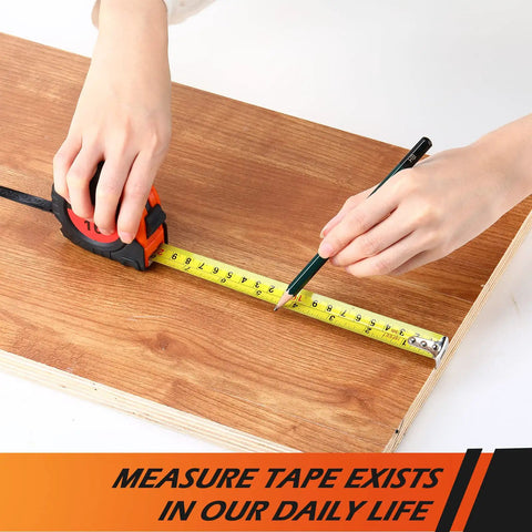 Hands using Fifteen Pack 16 Foot Retractable Tape Measures With Easy Read Fractions 1/8 In Orange Case on a wooden board