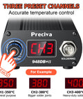 Pro 75W Soldering Station With Rapid Heat Up Digital Display showing preset temperature channels and controls.