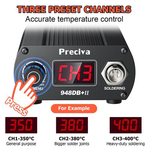 Pro 75W Soldering Station With Rapid Heat Up Digital Display showing preset temperature channels and controls.