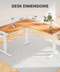 Desk dimensions of Ergear 63 Inch L Shaped Electric Standing Desk Adjustable Height Light Vintage Finish with measurements.