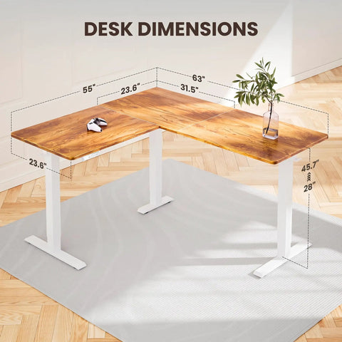 Desk dimensions of Ergear 63 Inch L Shaped Electric Standing Desk Adjustable Height Light Vintage Finish with measurements.