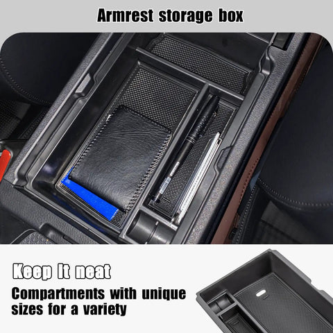 Two Pack Center Console Organizer Tray And Armrest Storage Box For Honda CRV 2023 2024 2025 2026 EX L Hybrid Sport Touring ABS Material Easy Install showing compartments with wallet and pens.