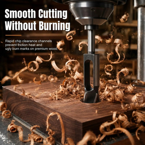 Professional Grade Wood Plug Cutters And Tenon Dowel Drill Bits Kit With Rugged Case Assorted Sizes For Garage Builds And Quick Cabinet Fixes That Deliver No Sweat Results Every Single Day On The Job cutting through wood with wood shavings flying around.