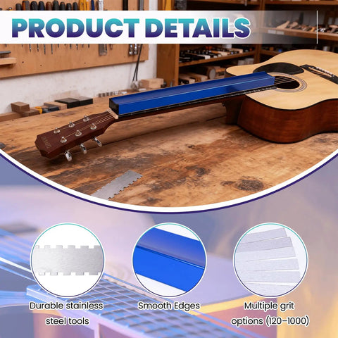 All In One Fret Leveling Kit With 18 Inch Beam Notched Ruler Sandpaper 120 1000 Grit Fret Rocker Crowning File And Guitar Setup Tools