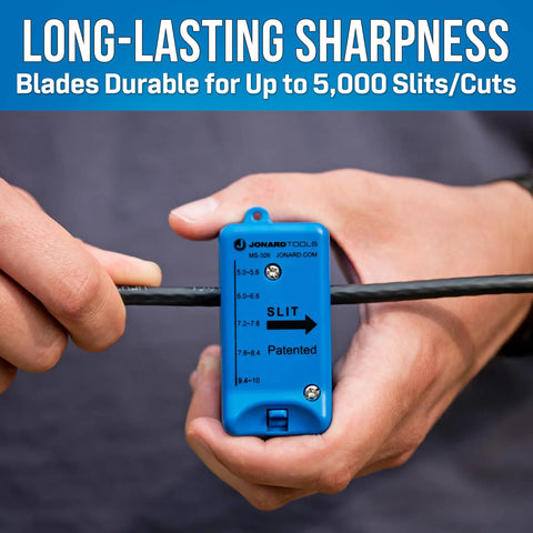 Person using MS-326 slit tool with cable, showcasing Replacement Blade Set For MS 326 Fiber Optic Mid Span Slit And Ring Tool.