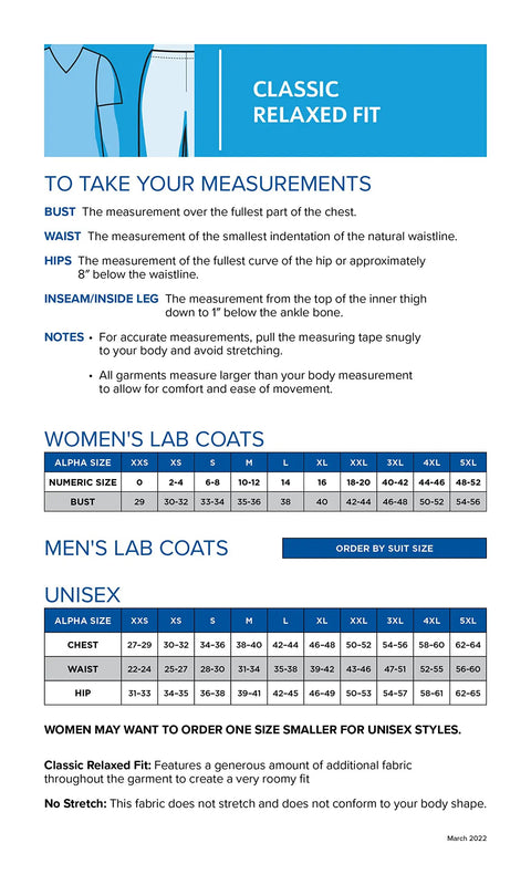 Size chart and measurement guide for Womens Knot Button Lab Coat 36 And A Quarter Inch White Work Ready Scrub Coat With Fabric Knot Closure Missy Fit Notched Collar Long Sleeves One Chest Patch Pocket With Pen Slot Keeps You Looking Sharp.