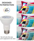 Ultra Bright 6W LED PAR20 Spotlight Bulb showing CRI 80+ color accuracy with colorful pillows comparison