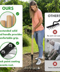 Woman using Heavy Duty 8 Tooth Iron Weeding Rake With Handle 2.0 in garden, comparison with traditional rake on side