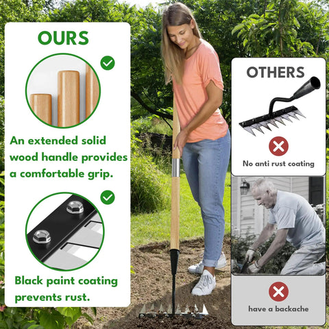 Woman using Heavy Duty 8 Tooth Iron Weeding Rake With Handle 2.0 in garden, comparison with traditional rake on side