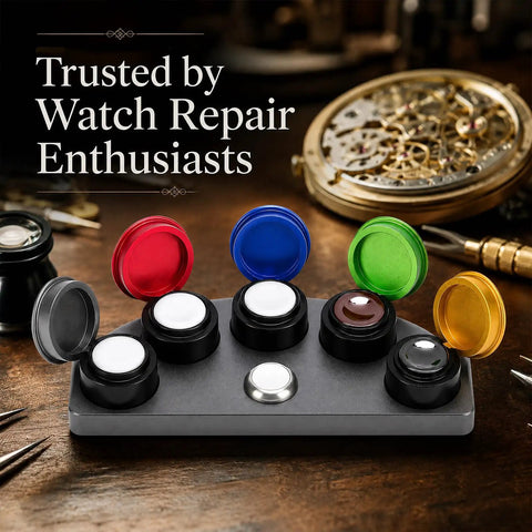 Color Coded Watch Oil Cup Set With Lids Five Empty Metal Oil Cups And Stand For Horology Repair On The Bench Oiler Kit