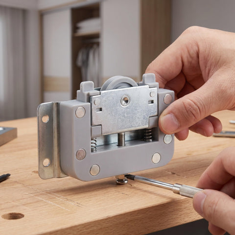 Hands adjusting Door Sliders For Wardrobe And Cabinet With Damping Pulley System Smooth Glide For Wooden Doors on wooden surface