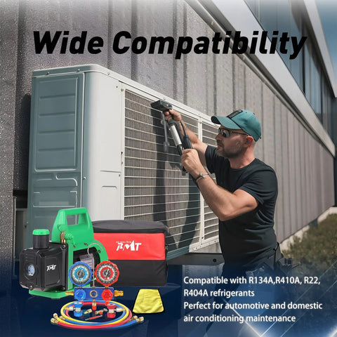 Beefy Vacuum Pump And Gauge Set With Aluminum Manifold, 4.5 CFM, Quick Couplers, 410 Adapter, Can Tap Tool, And Carrying Tote For R134A R410A R22 R404A Refrigerants And AC Maintenance on HVAC unit
