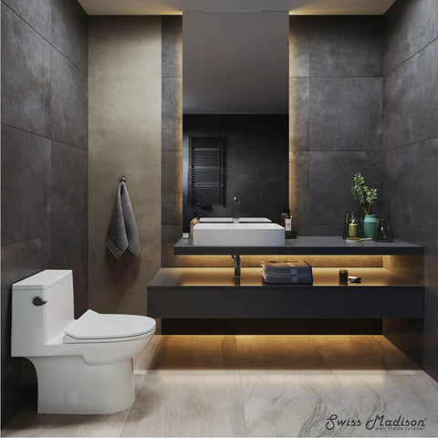 Modern bathroom featuring 24 Inch Rectangle Ceramic Vessel Sink for Above Counter Install, sleek design on a floating vanity.