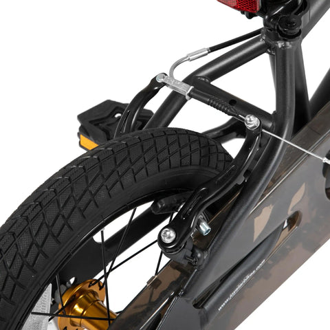 Rear view of Lomand 16 Inch Kids Bike With Training Wheels in gray, showing tire and brake details for ages 4 to 7.