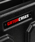 Close-up of GATORCASES branding on Hella Rugged Roto Molded Drum Hardware Case With Retractable Pull Handle And Inline Wheels.