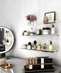 Clear Acrylic Floating Shelves No Drill No Damage Wall Mounted No Mess 4 Pack Renter Friendly with toiletries and decor items