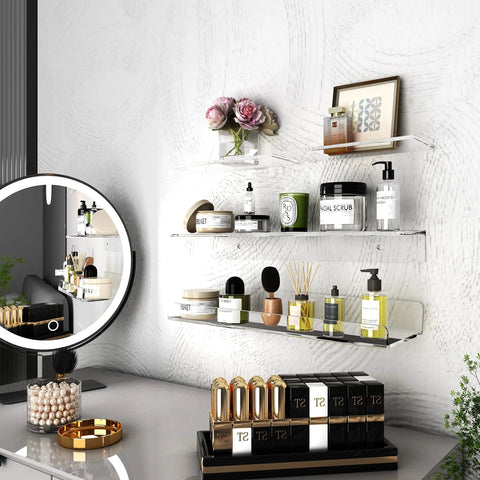 Clear Acrylic Floating Shelves No Drill No Damage Wall Mounted No Mess 4 Pack Renter Friendly with toiletries and decor items